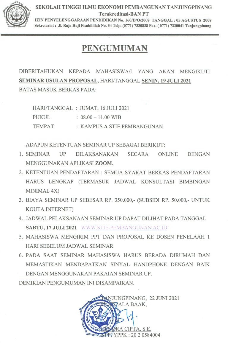 Pengumuman Seminar Usulan Penelitian , 19 Juli 2021