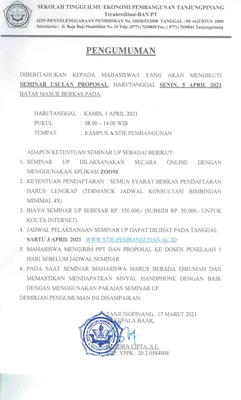 Pengumuman Seminar Usulan Penelitian Kamis, 1 April 2021