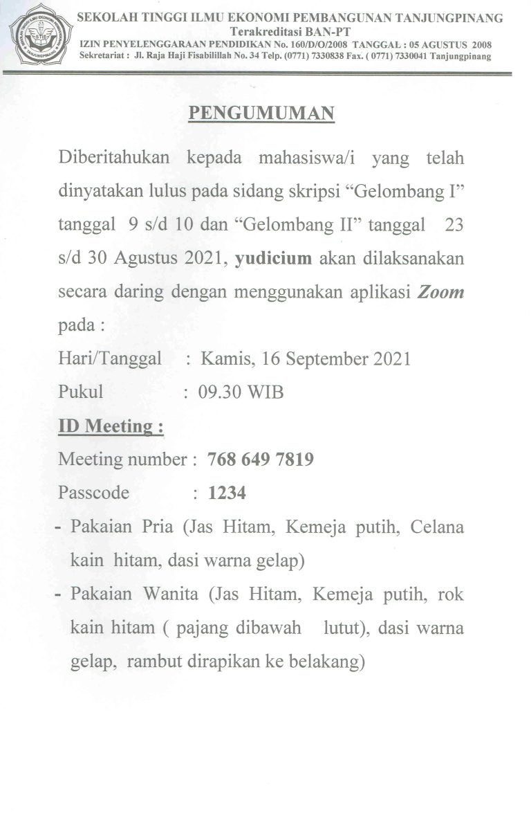 Pengumuman Yudicium Gelombang 1 dan 2 STIE Pembangunan Tanjungpinang