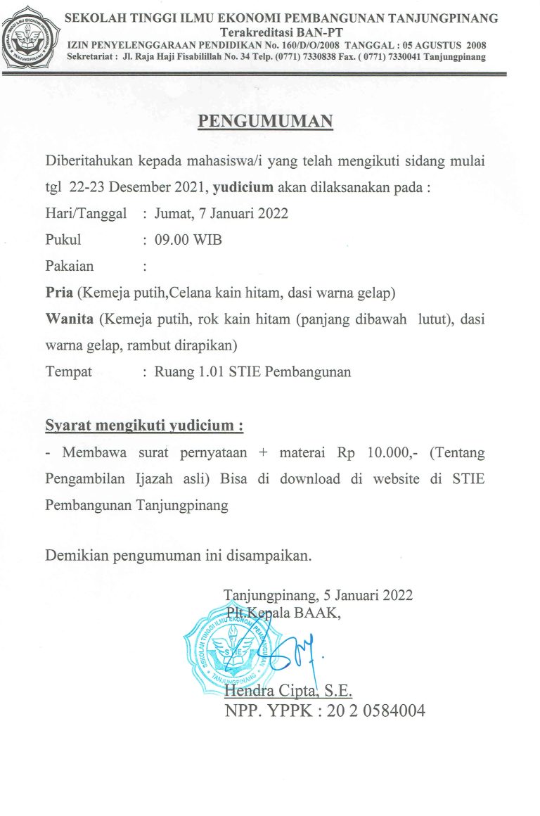 Pengumuman Yudicium Jum’at, 7 Januari 2022