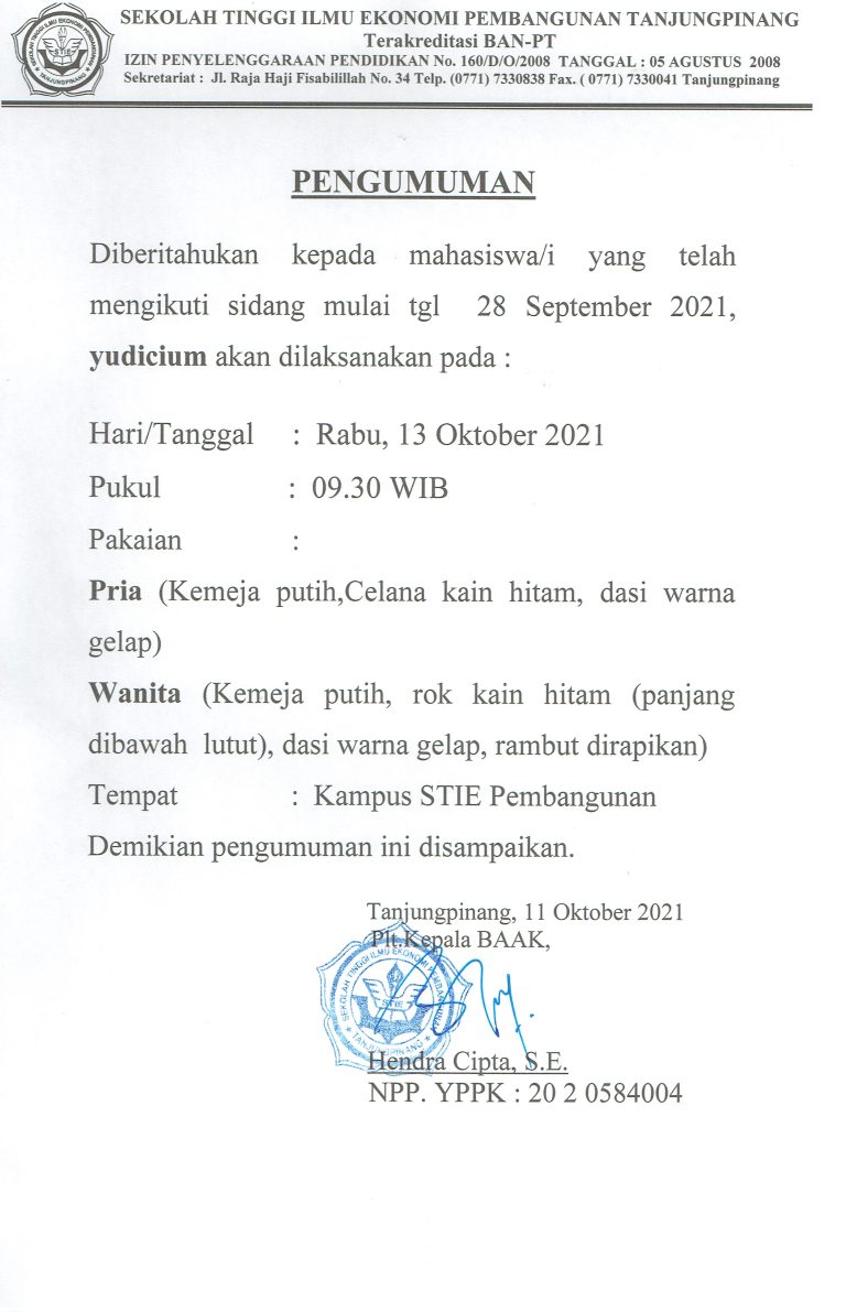 Pengumuman Yudicium STIE Pembangunan Tanjungpinang, Rabu, 13 Oktober 2021